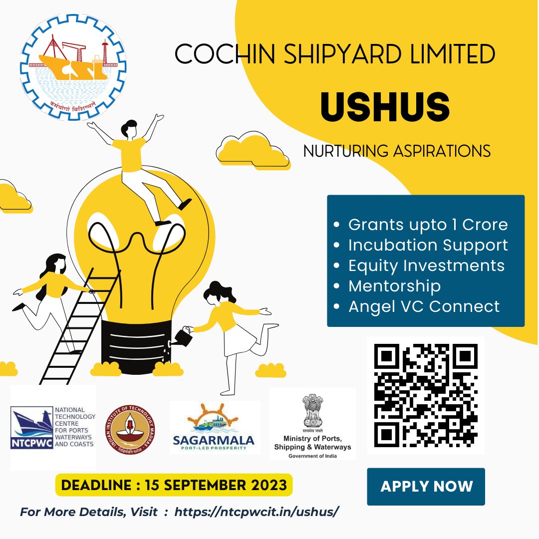 We are calling all maritime visionaries! Join us in shaping the future of India's maritime industry with #USHUS-CSL-IITM program. 🌟 Up to Rs. 50 lakhs in grants 💼 Seed funds and equity investment ntcpwcit.in/ushus/apply.ht… Deadline: Sept 15, 2023 #maritimestartups #CSL #IITM