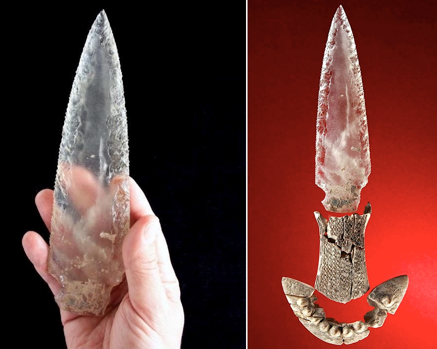 4,500 year old quartz crystal dagger with ivory hilt. Found in a Copper Age-era tomb in Valencina de la Concepción, Spain.