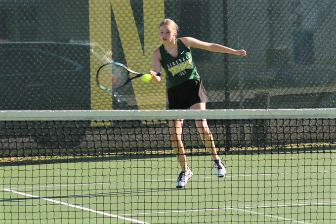 Alma sophomore Nora Medlock in tennis action Thursday at the Toney McMurray courts in Alma. 
<a href="/Alma_tennis/">Alma Airedale Tennis</a>