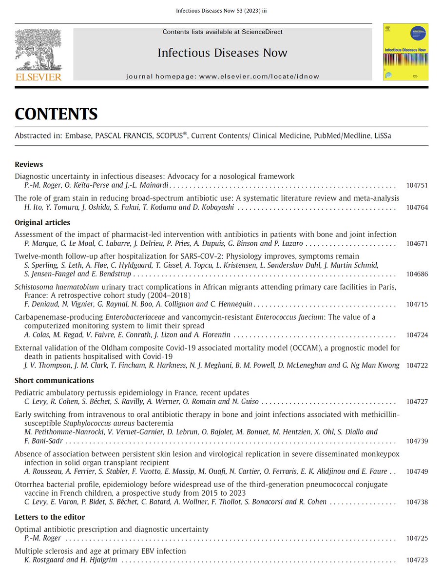 [#Sommaire vol. 53 n°6] Le nouveau numéro d'#InfectiousDiseasesNow est disponible dès aujourd'hui ! >sciencedirect.com/journal/infect… #InfectionsDiseases #Articles