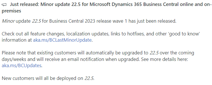 gdrenteria's tweet photo. #businesscentral #mdyn365bc #minorupdate
Minor update 22.5 for Business Central 2023 release wave 1 has just been released. https://t.co/Z9nHYcTfFR