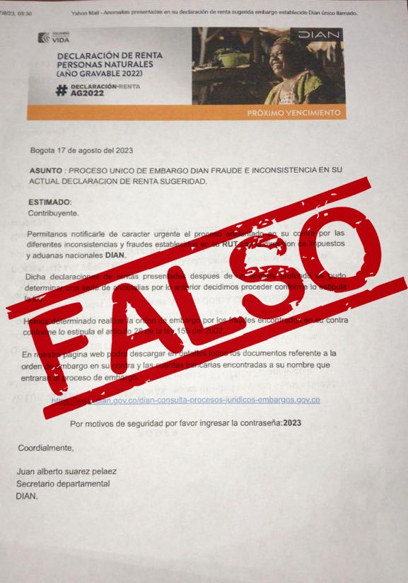 DIANColombia's tweet photo. ⚠️ Evite caer en una estafa cibernética. La mayoría de las comunicaciones enviadas desde la DIAN llevan consigo un código alfanumérico y usted puede comprobar su confiabilidad en la opción "verificar correo DIAN" en la página web: https://t.co/VLoxyF22cc #VerifiqueYsiéntaseSeguro https://t.co/HmjOHeeU8W
