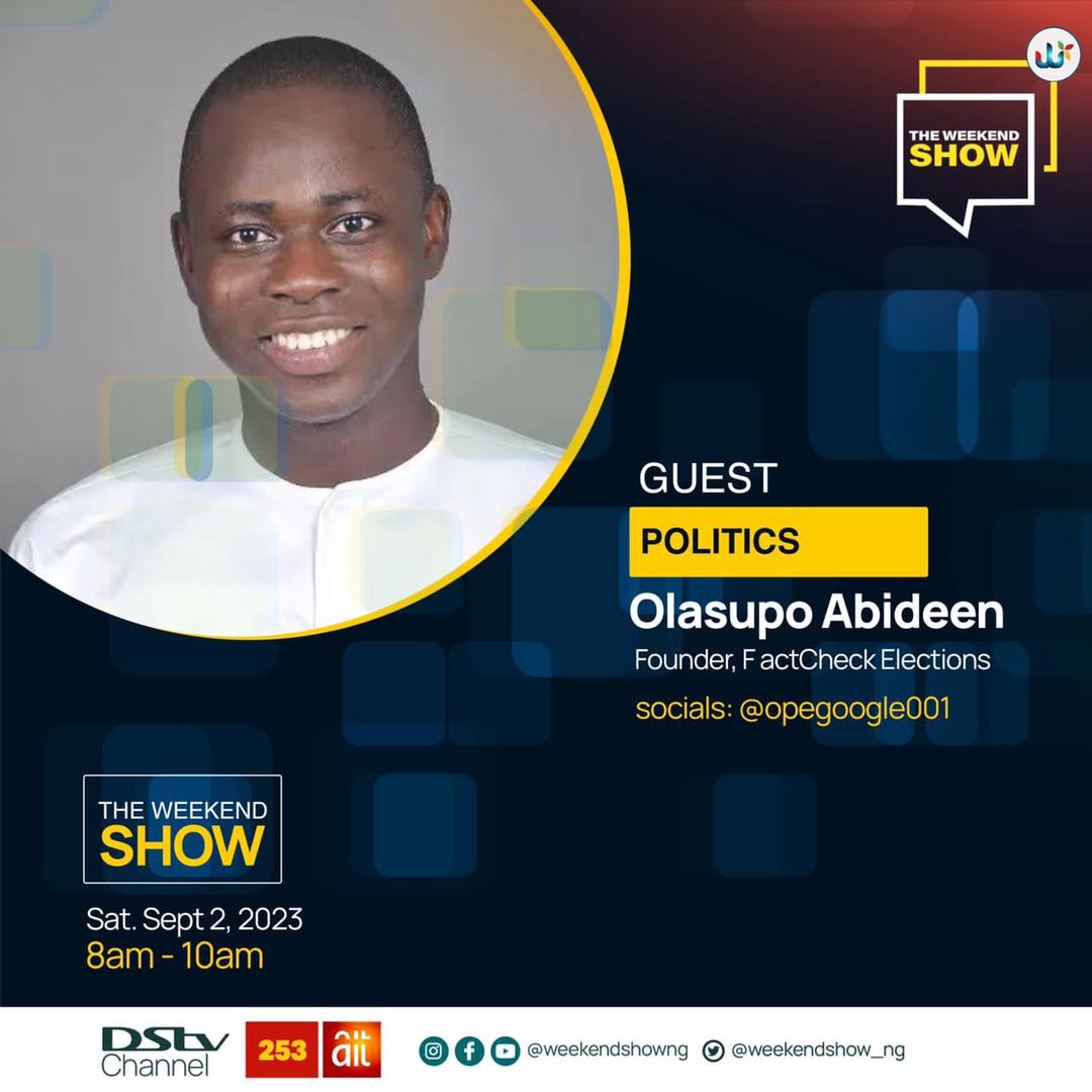 #TheWeekendShow

Join our Convener, Abideen Olasupo, for a riveting conversation on 'Politics' between 8am & 10am tomorrow, Saturday Sept. 2, 2023. 

Tune in to @AIT_Online, Channel 253 (DSTv) to join as @opegoogle shares his insights on the dynamic world of Nigerian politics.