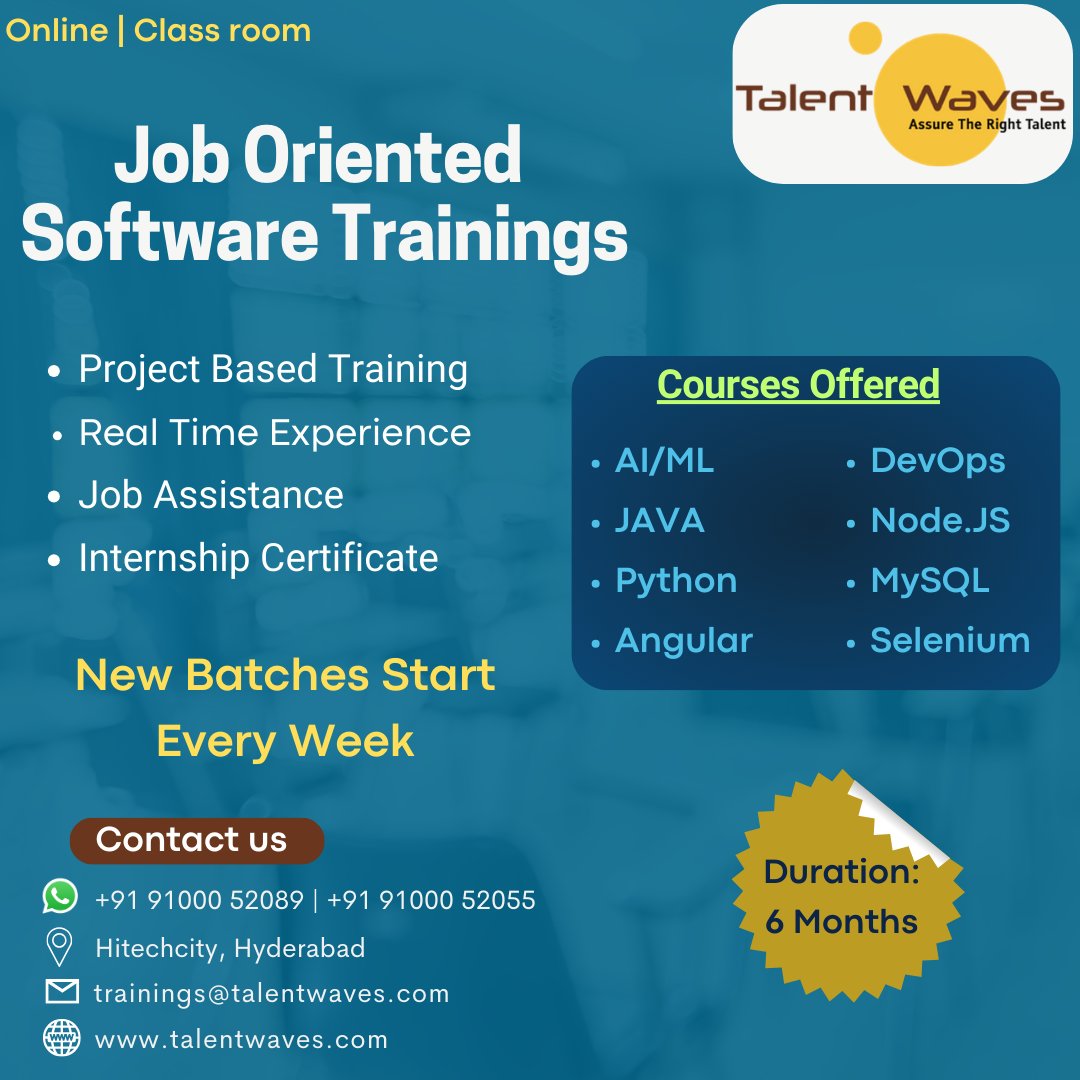 talent_waves's tweet photo. Job Oriented Software Trainings

The batch starts every week
Visit: https://t.co/VItz9PMwND
Contact Us: https://t.co/2761rLQ48t
Call Now: +91 9100052089 | +91 9100052055
.
.
.
.
.
#softwaretraining #projectbasedtraining #realtimeexperience #internshipcertificate https://t.co/PaW4QDUPQ7