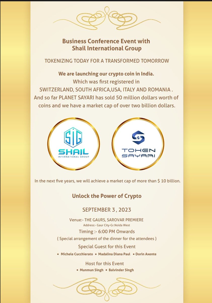 TokenSayari's tweet photo. It's an honour to announce the Event in New Delhi in Partnership with Shail International Group

#cryptocurrency #events #blockchain #financial
https://t.co/utbY3Aw5gX
https://t.co/HfopjbiFI3 https://t.co/Zw3THQdsAn