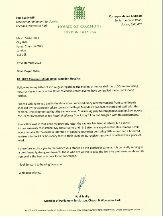 I'm calling on Sadiq Khan to ditch the ULEZ camera designed to trap cancer patients, staff & visitors to the Royal Marsden. I want the ULEZ extension scrapped entirely, but a degree of common sense & compassion being applied by the Mayor in this instance would be very welcome.