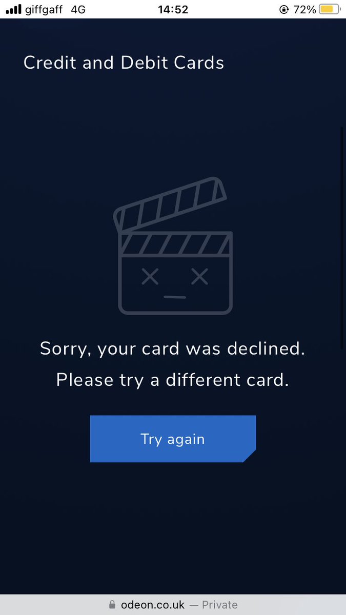 moorcon1's tweet photo. @ODEONHelp trying to subscribe to Odeon Limitless however getting the first message when trying to use my cards. Tried saving them as a payment method and using them and receiving this second message. Any way to help resolve the matter, please? https://t.co/XwEspq5GFJ