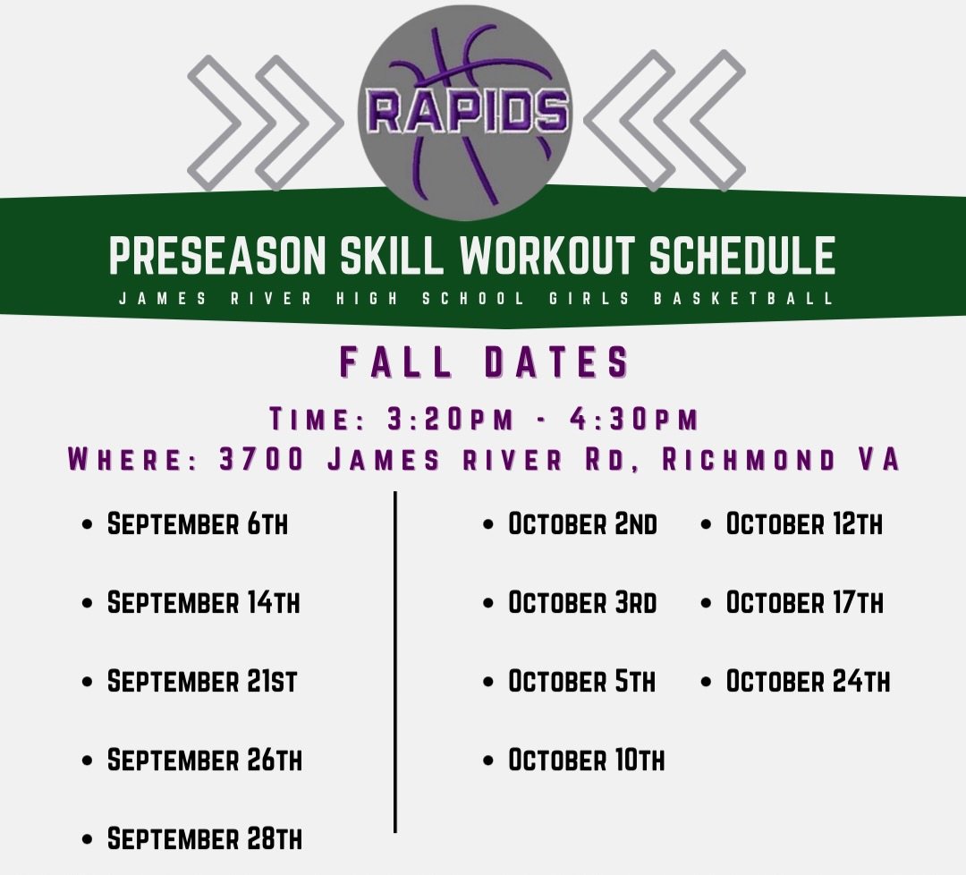 James River GBB (@jrhs_gbb) on Twitter photo College Coaches; Here is our fall workout schedule. Please dm this account of you would like to attend. We would love to see you!
These dates are subject to change.
<a href="/804Varsity/">804 Varsity</a> <a href="/cfieldsports/">chesterfieldsports (from RVA Sports Network)</a> College Coaches; Here is our fall workout schedule. Please dm this account of you would like to attend. We would love to see you!
These dates are subject to change.
<a href="/804Varsity/">804 Varsity</a> <a href="/cfieldsports/">chesterfieldsports (from RVA Sports Network)</a>
