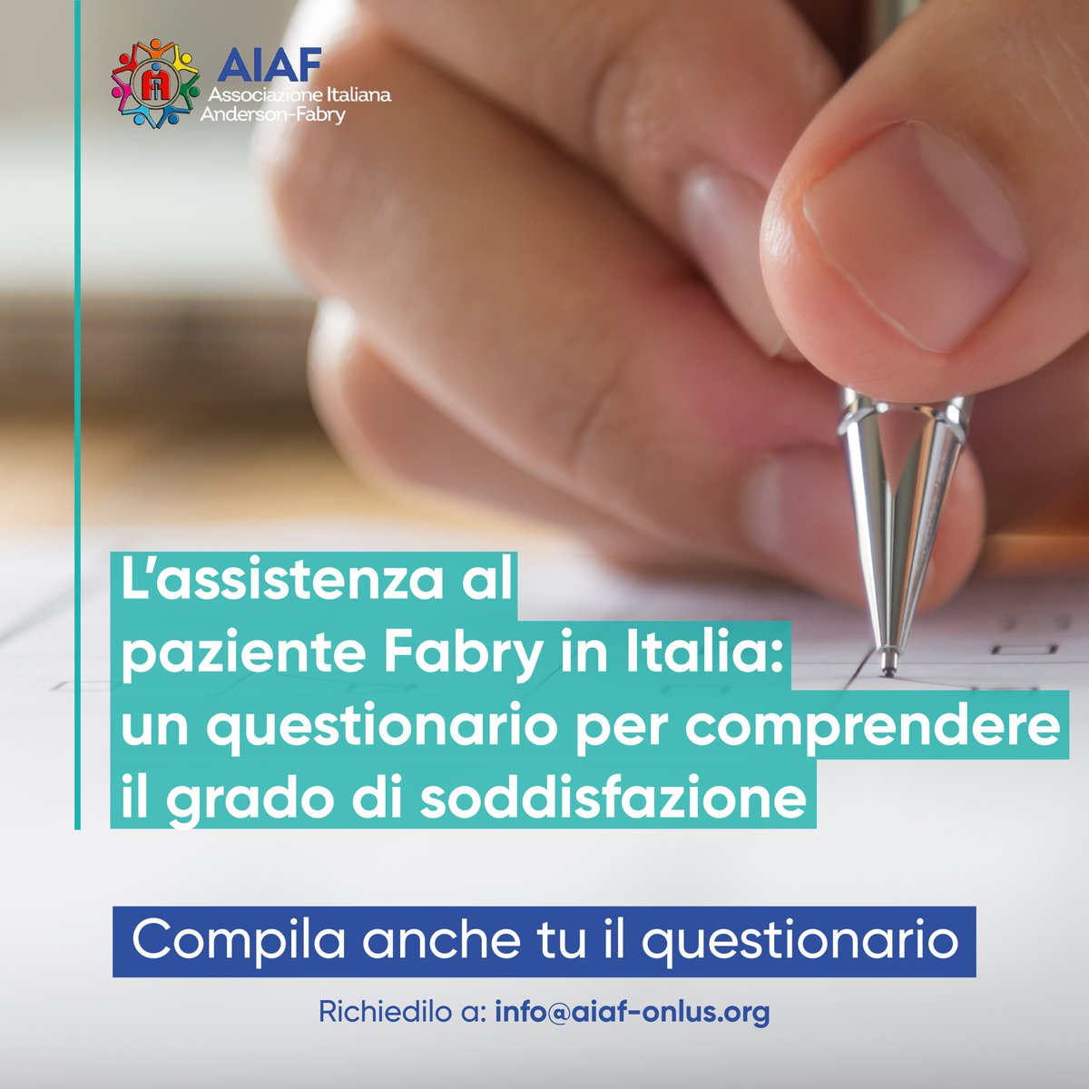 AiafAps's tweet photo. Nel 2018 nasce il progetto Caring Fabry di AIAF in collaborazione con @helaglobe, con l’obiettivo di giungere a un modello ideale di presa in carico del paziente con malattia di Anderson-Fabry.

Richiedi il questionario inviando una mail a info@aiaf-onlus.org https://t.co/0oxFIRv8Tz