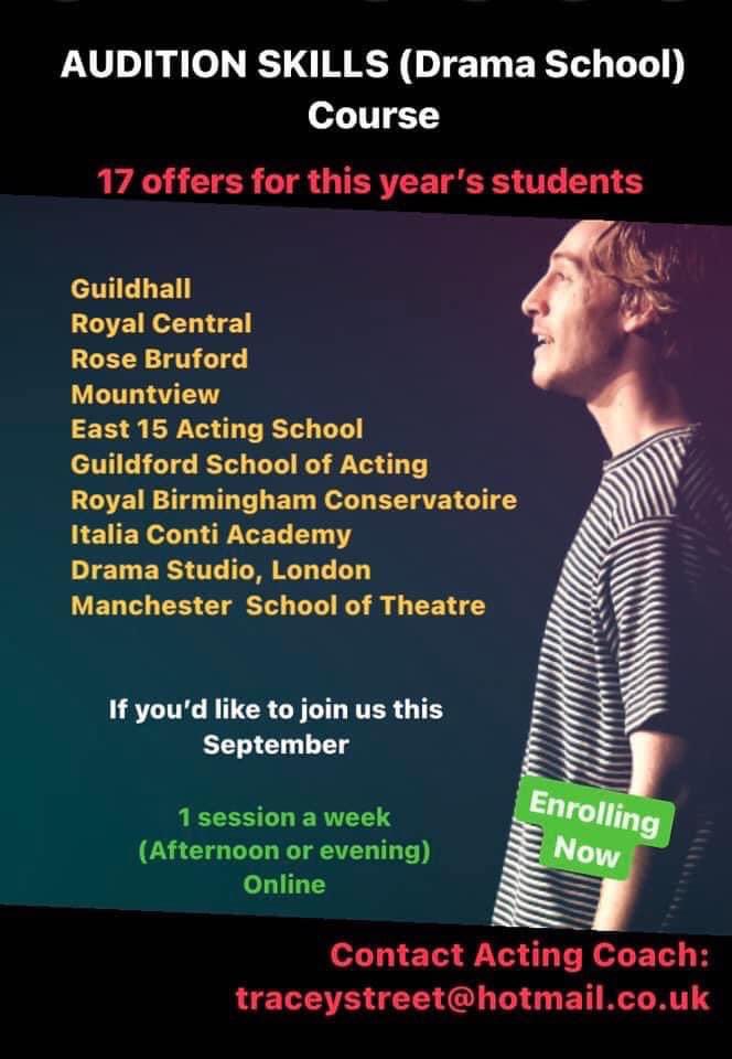 TraceyStreet19's tweet image. WANTING TO APPLY TO DRAMA SCHOOL THIS YEAR? This year my 10 students received 19 OFFERS from top drama schools. I’d love to help you, whether you’ve been struggling to gain a place or it’s your 1st time. With guests who sit on panels for top schools. Starts 5th ‼️#LiverpoolHour