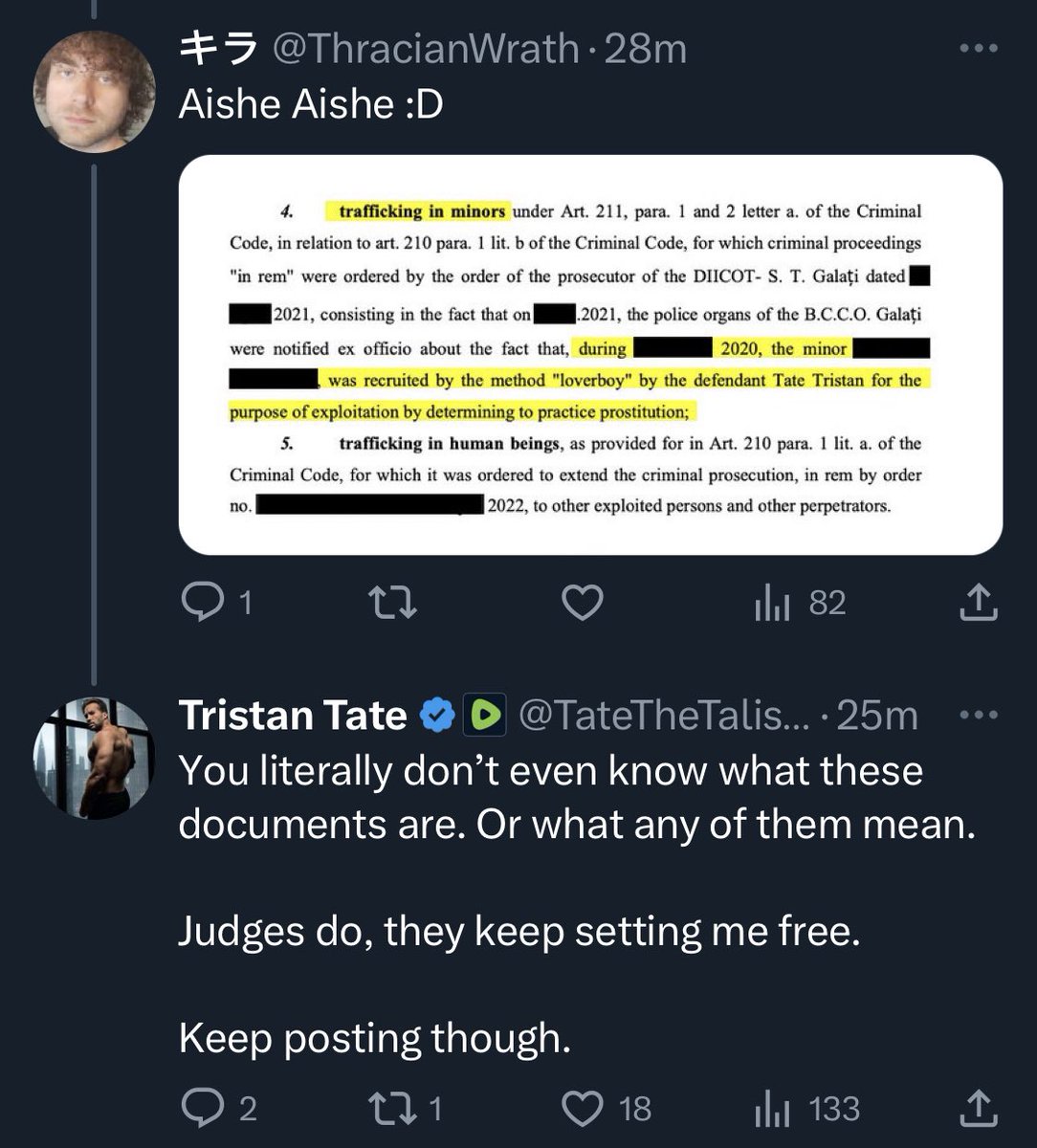MatrixKeymaker's tweet image. You’re a lying piece shit, Tristan.

That document is from the evidence summary in the indictment and details additional crimes you’re being investigated for.

The minor you trafficked into prostitution gave a statement to DIICOT. All you two do is lie. You’re cowards, not men.