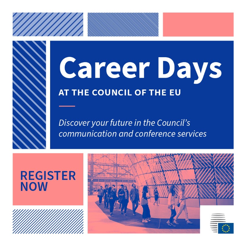 EUCouncil's tweet photo. ☞  Do you want to work at the heart of EU decision-making? 

Are you a communications or event organising specialist? 

Find out more about job opportunities at the Council! 

📝 Register now for our online Career Days on 27 - 29 September 👇
