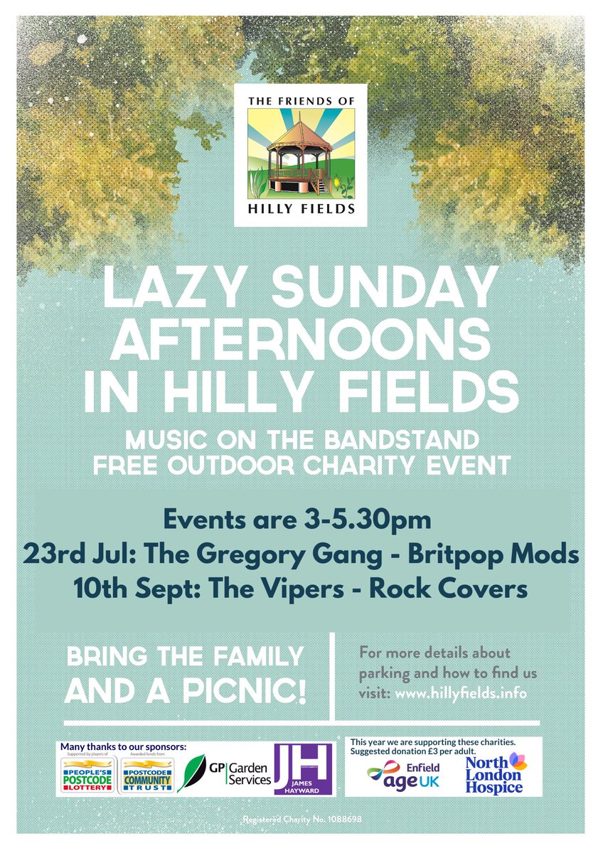 Join us on Sunday 10 September for Music on the Bandstand as hosted by The Friends of Hilly Fields! Any donations on the day go to North London Hospice - friends and families bring picnics and enjoy the music!