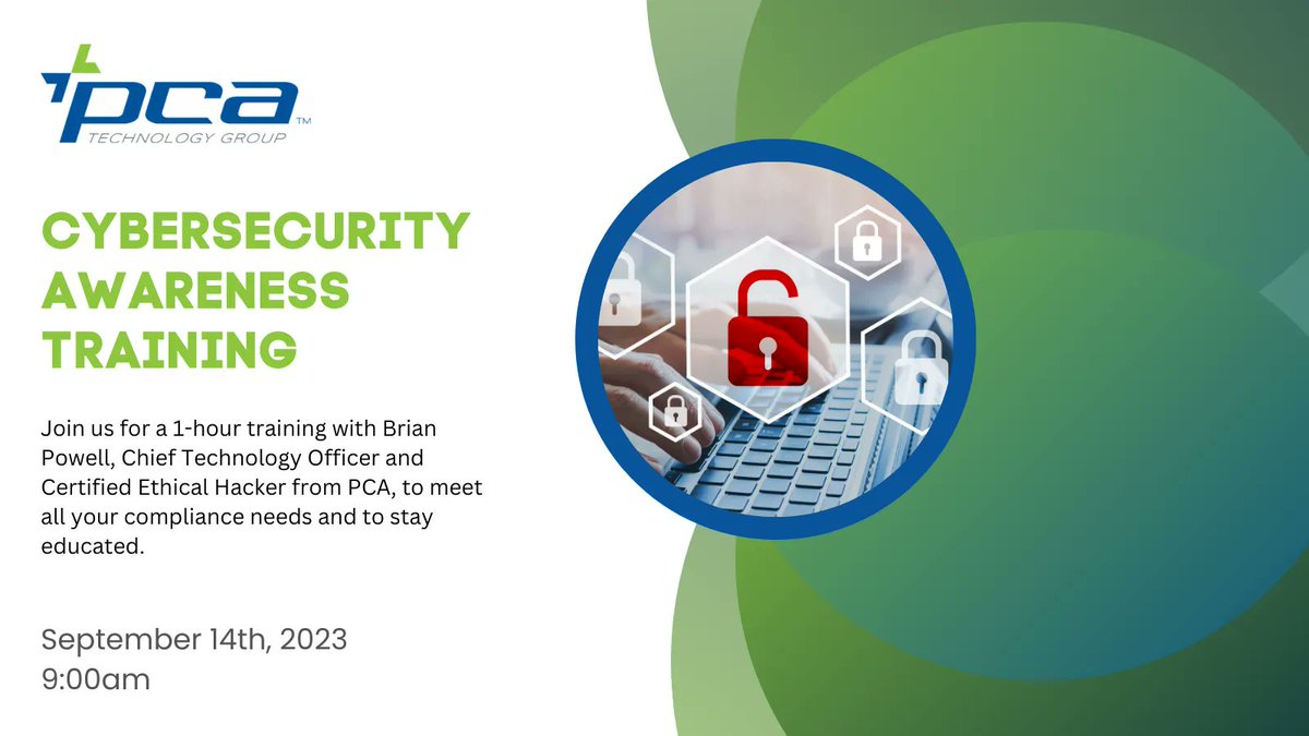 PCATechGroup's tweet image. 🔐 Elevate your cyber IQ in just 1 hour! Stay compliant, stay informed—join us September 14th: buff.ly/3YTaG6x  💼🌐 

#PCATechnologyGroup #Cybersecurity #CybersecurityTraining #CyberSmart #TechTraining #ITTraining #TechSolutions #ITServices