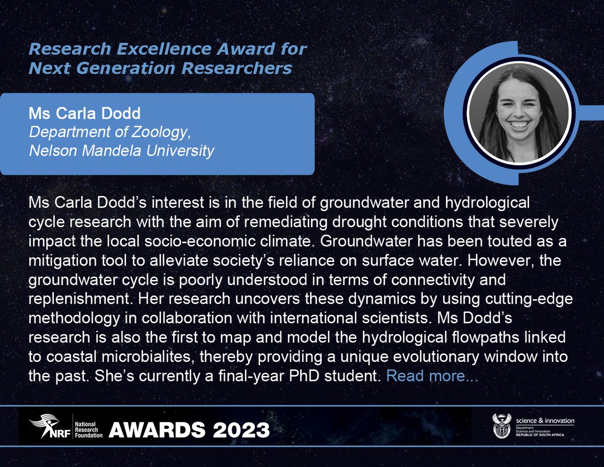 Congrats to Carla Dodd on receiving a 2023 NRF Research Excellence Award for Next Generation Researchers in recognition of outstanding academic performance by a final-year doctoral student. Full profile: nrf.ac.za/about-us/nrf-a… 
#NRFawards2023