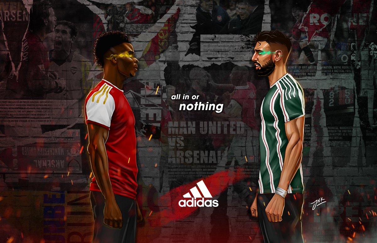 Mr_JNK's tweet photo. WEEKEND IS HERE.. and so is FOOTBALL, here is some fan art Adidas concept ive done for the big game this weekend, so many easter eggs in the background. Had lots of fun working on this one #ARSMUN #arsenal #ManUnited #TransferDeadlineDay #herewego https://t.co/WBMp1REzgq