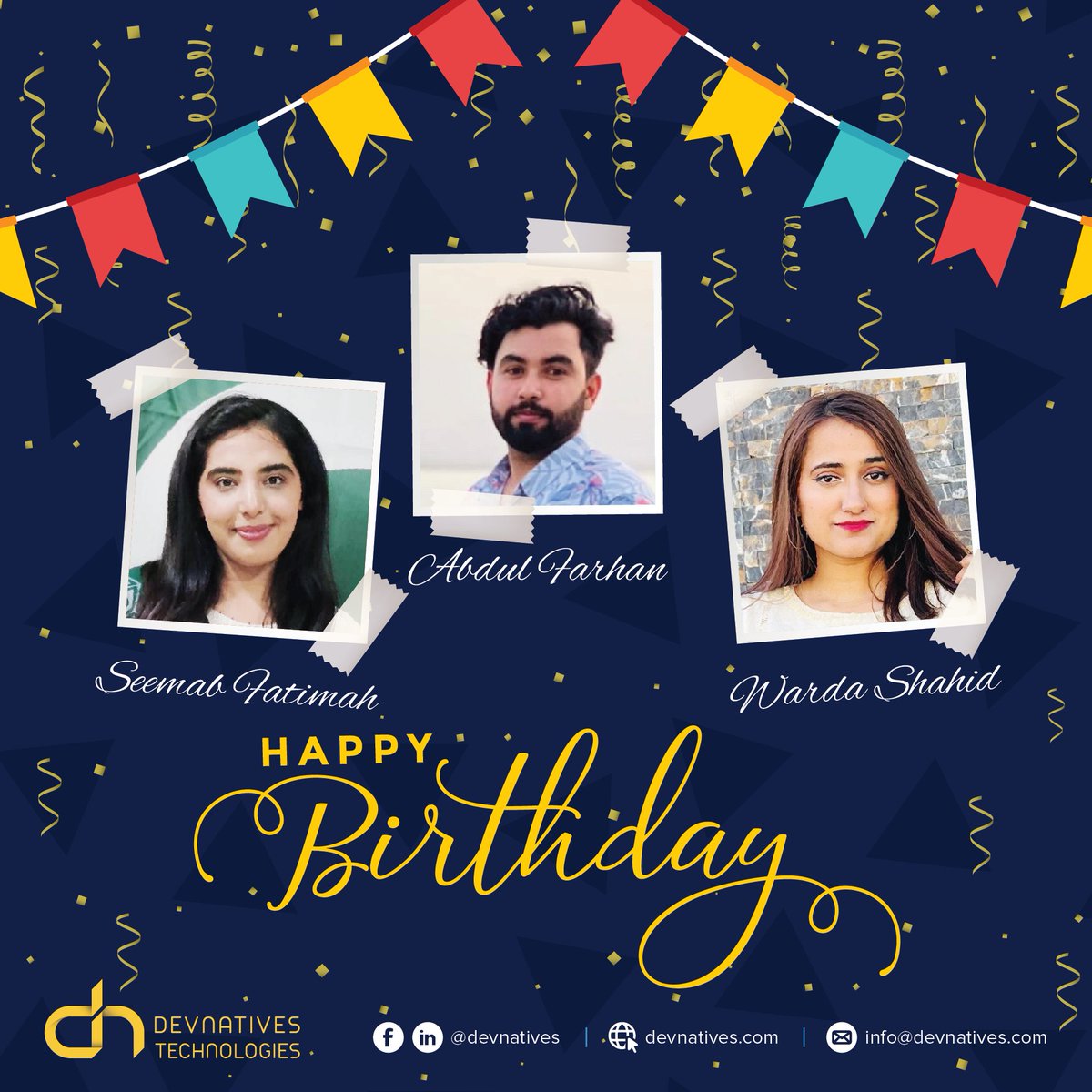 devnativestech's tweet photo. Happiest Birthday to our valuable team members Warda Shahid, Abdul Farhan &amp; Seemab Fatimah 🎉

Entire DevNatives family wishes them a great year ahead filled with many other reasons to celebrate. 

Here’s a glimpse of birthday celebration for the month of August! https://t.co/IjHAETmcoB