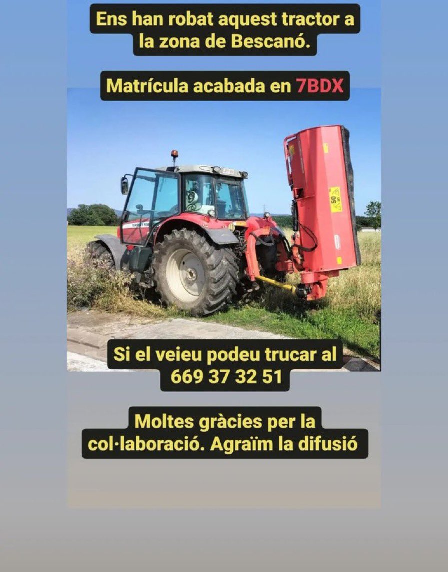 Estem per ajudar-nos i aquesta nit han robat aquest tractor a la zona del Gironès! Si algú ha vist qualsevol tractor semblant fins a tot a sobre una gongola d’un camió que ho digui. Ens serà de gran ajuda i si ho podeu compartir ens fareu un favor!