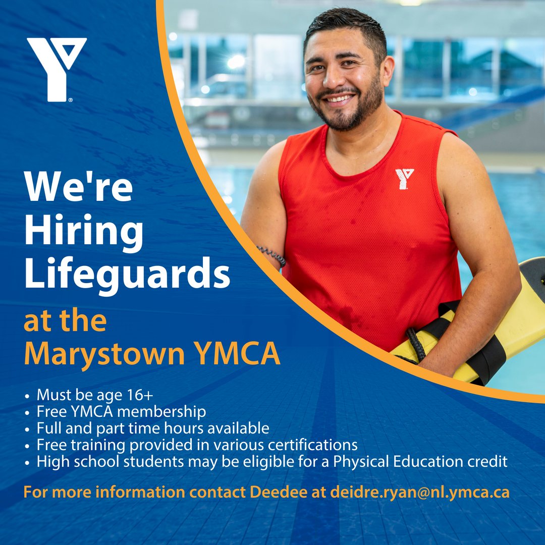 We're actively hiring lifeguards at the Marystown YMCA! For more information contact Deedee at deidre.ryan@nl.ymca.ca.