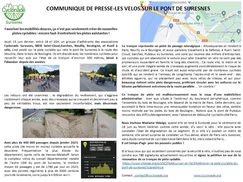 CyclonadeC's tweet photo. Pont de #suresnes ! RAS LE BOL ! Le 2eme point de passage vélo du 92 pour aller à Paris est de + en + dangereux - @Anne_Hidalgo @David_Belliard @SabrinaSebaihi https://t.co/cG6PggDKXB
