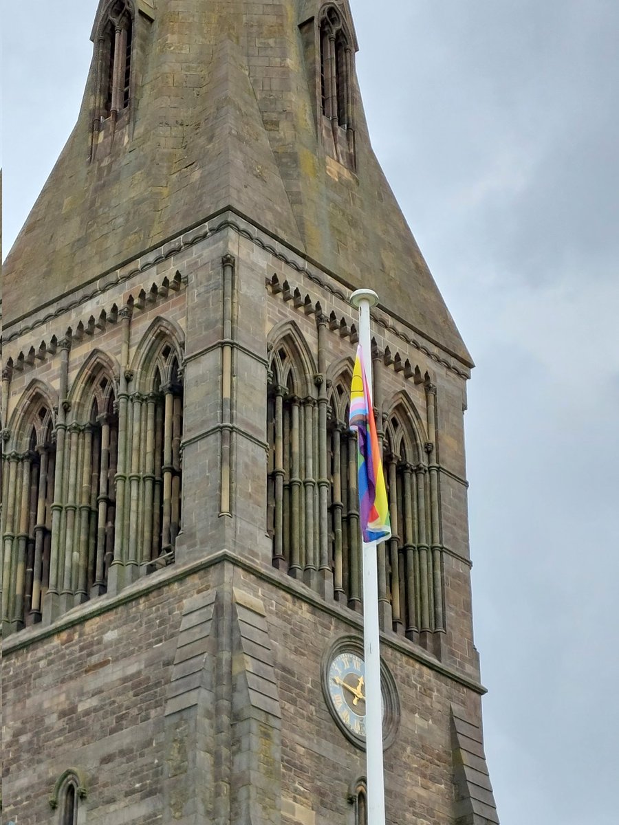 The Progress Pride flag is being flown by the Cathedral in advance of @leicesterpride tomorrow. This year, the procession will pass the Cathedral as it makes its way to its new home of Abbey Park.