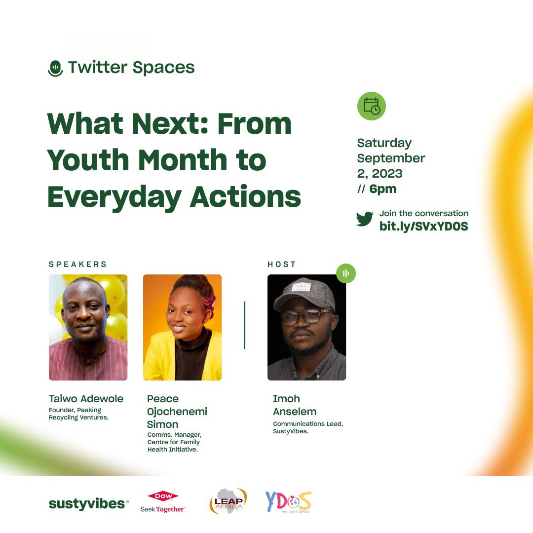 SustyVibes's tweet photo. Join us, along with guests @taiwoadewole, @IamPeaceSimon, and our host @Imohtal_Sensei, for an insightful discussion on what comes next after Youth Month and how to sustain the energy and impact tomorrow at 6 pm. 🌟 

Set a reminder here 👉🏾 https://t.co/S0oLDoF2KL

 #YouthMonth #SustyVibes #TwitterSpaces #YouthDayofService
