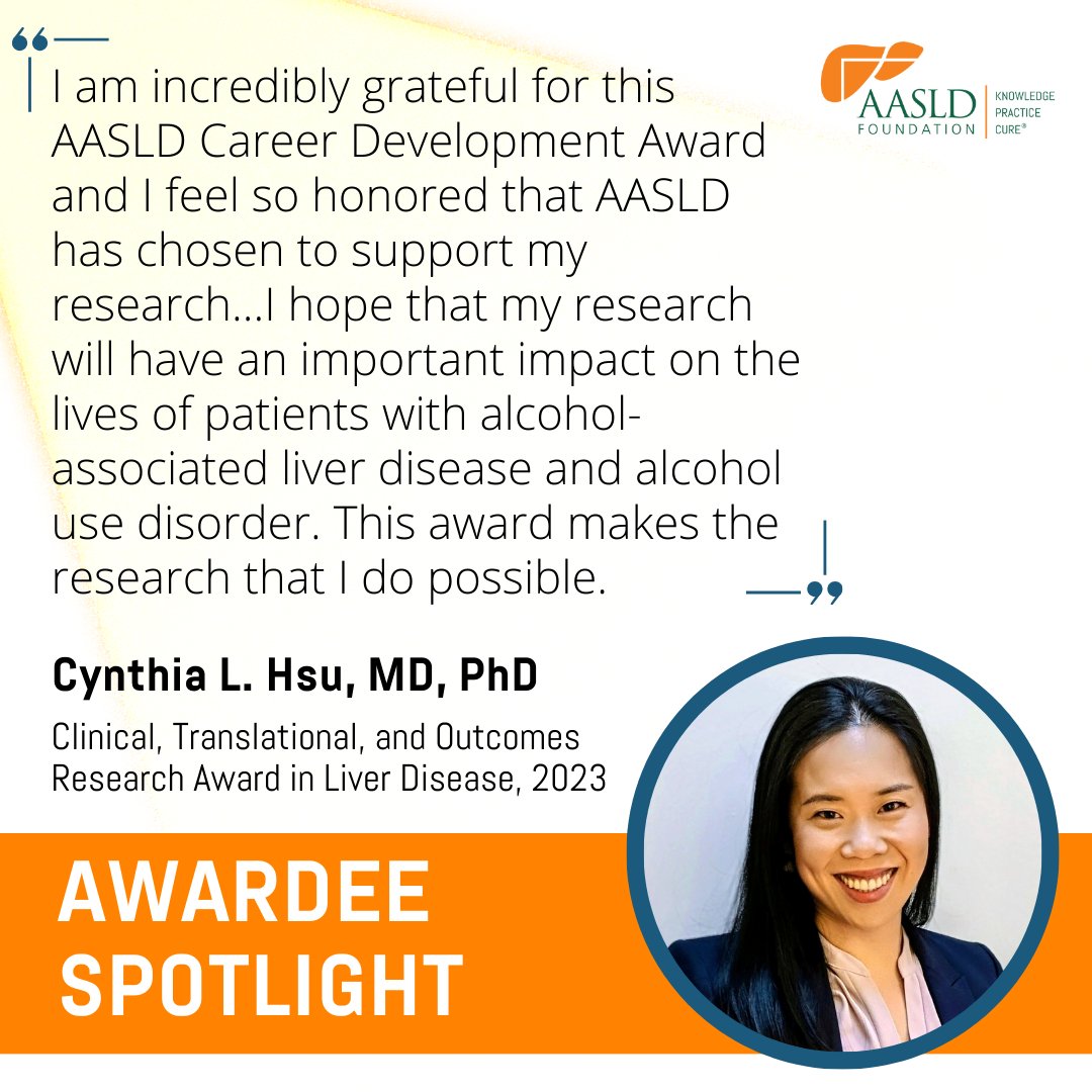 AASLD Foundation Awardee Spotlight: Cynthia L. Hsu, MD, PhD @CynthiaLHsu 😎 At the core of our work are the talented researchers and clinicians who work tirelessly to find better treatments and more cures for liver diseases. aasldfoundation.org/awardee-spotli… #LiverTwitter