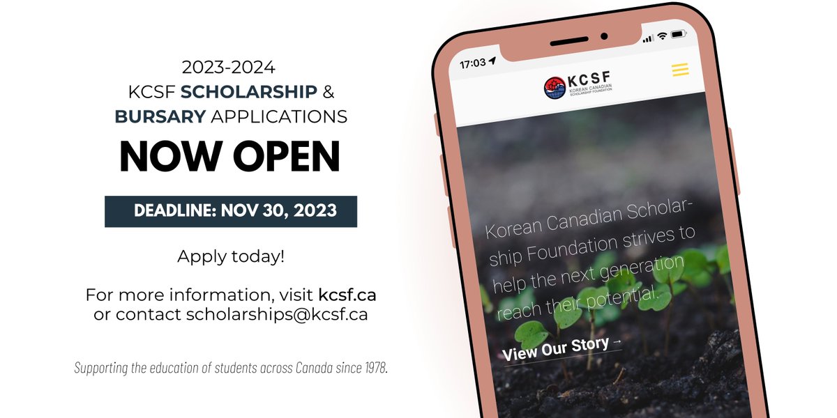 2023-2024 KCSF scholarship and bursary applications are NOW OPEN.

APPLY TODAY on kcsf.ca.

#kcsf #korean #canadian #scholarship #bursary #foundation #leadership #education