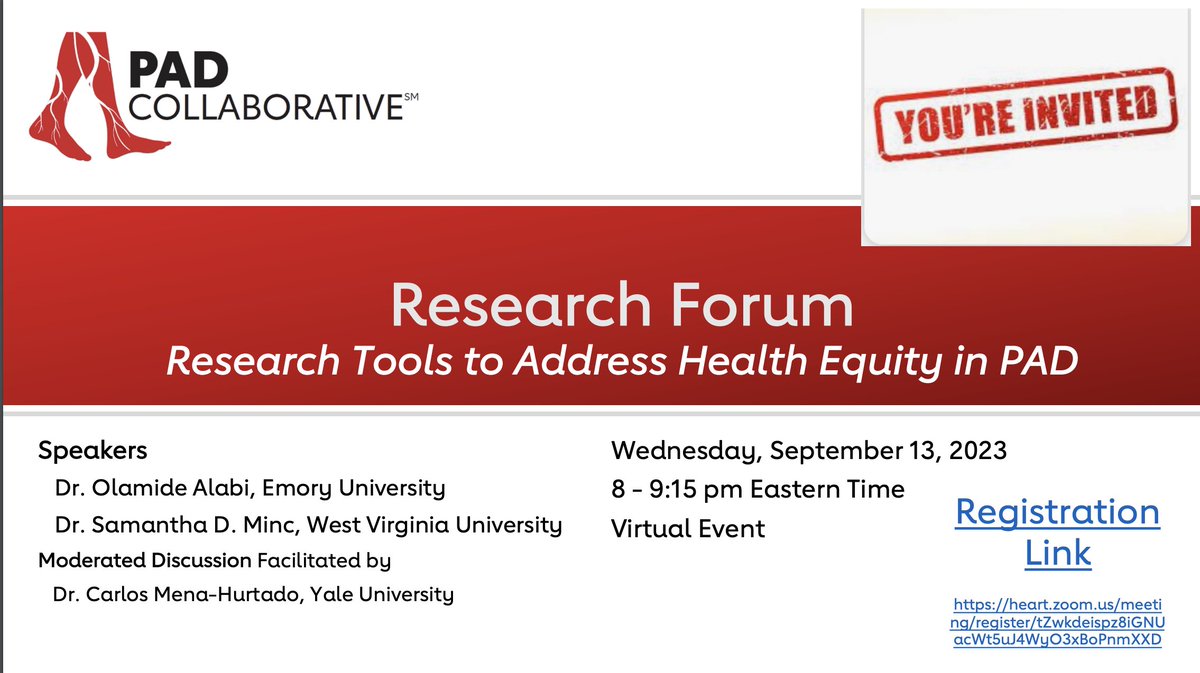 🗓️📢 Mark Your Calendar! Hosted by the PAD Collaborative Research Forum, we invite you to join us on Wed., September 13, from 8:00 PM to 9:15 PM ET for a discussion on "Research Tools for Advancing Health Equity in PAD".

Don't miss out! Register today ➡️ heart.zoom.us/meeting/regist…