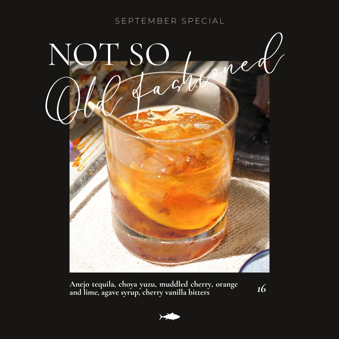Take a break from the everyday and treat yourself to something special - a Not So Old Fashioned! Anejo Tequila, Choya Yuzu, Muddled Cherry, Orange and Lime, Agave Syrup, Cherry Vanilla Bitters — a unique September drink that is sure to delight your taste buds!