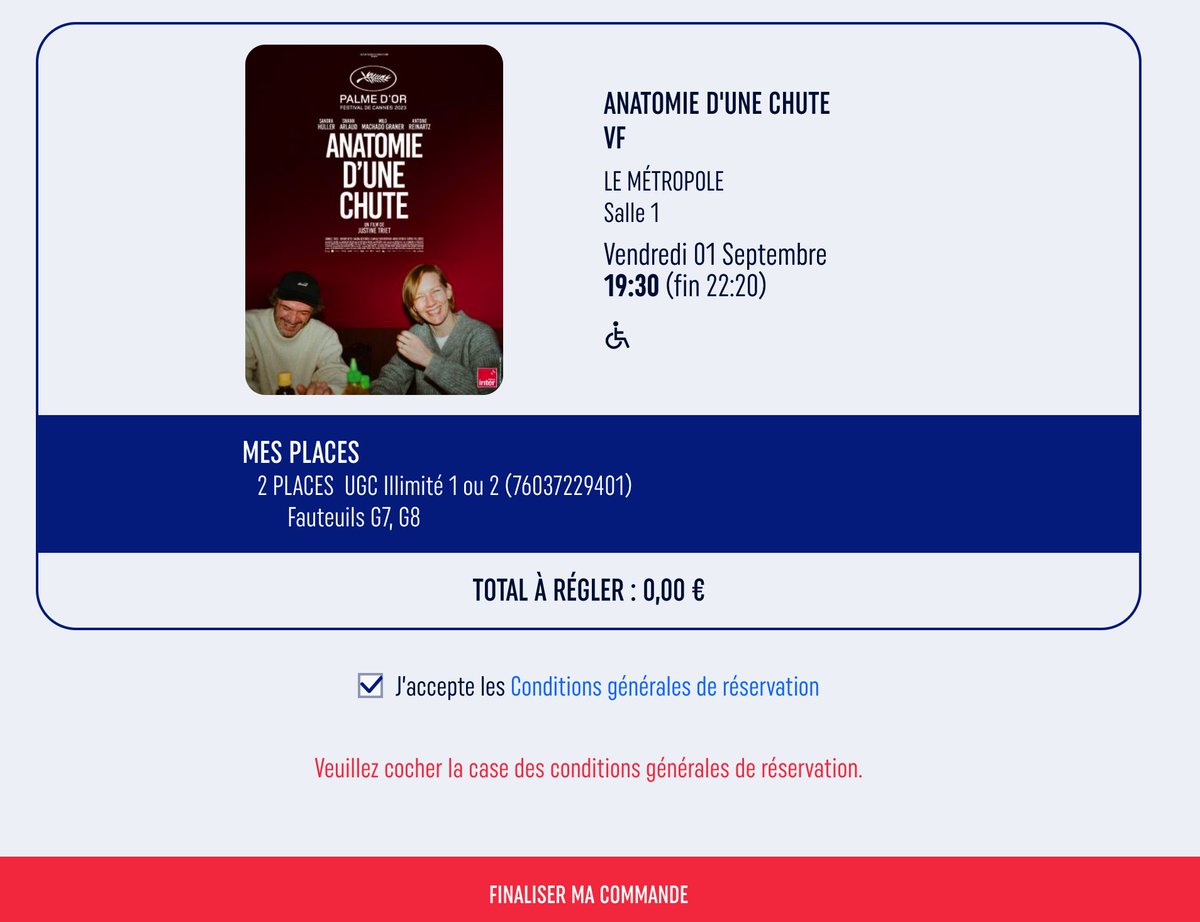 Capitaine's tweet image. #uxfail
Quelle bonne idée de cacher les CGV sur @UGCcinemas !
Quand on clique sur "Finaliser la commande", il ne se passe rien.
Pourquoi ?
Parce que les CGV sont cachées sous le bouton.
Mais pire encore, le message d'erreur aussi est affiché sous le bouton.

Comment éviter cela ?