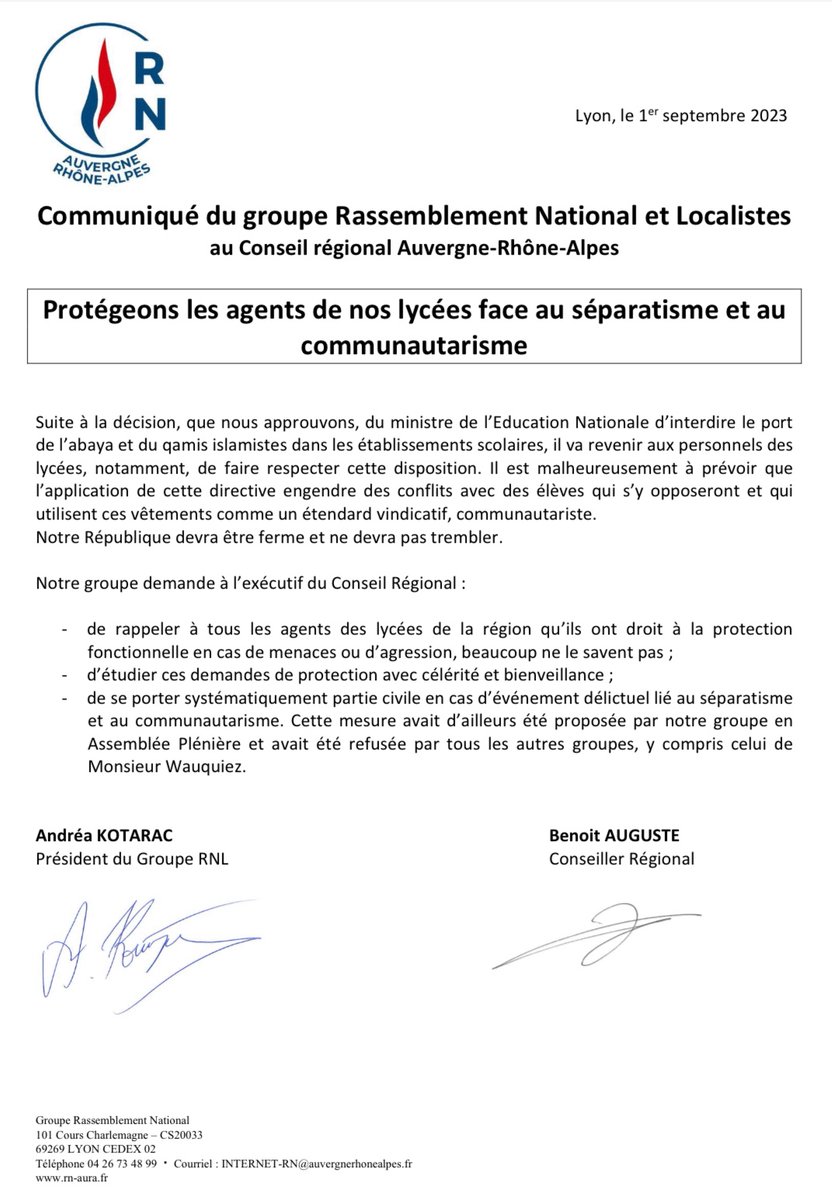✍️ Notre groupe demande à ce que la région protège les personnels des lycées face aux dangers du communautarisme et de l’islamisme ! #abaya #Laicite