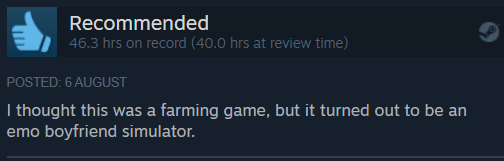 OddSteamReviews's tweet photo. Stardew Valley https://t.co/RD4dq7RfEH