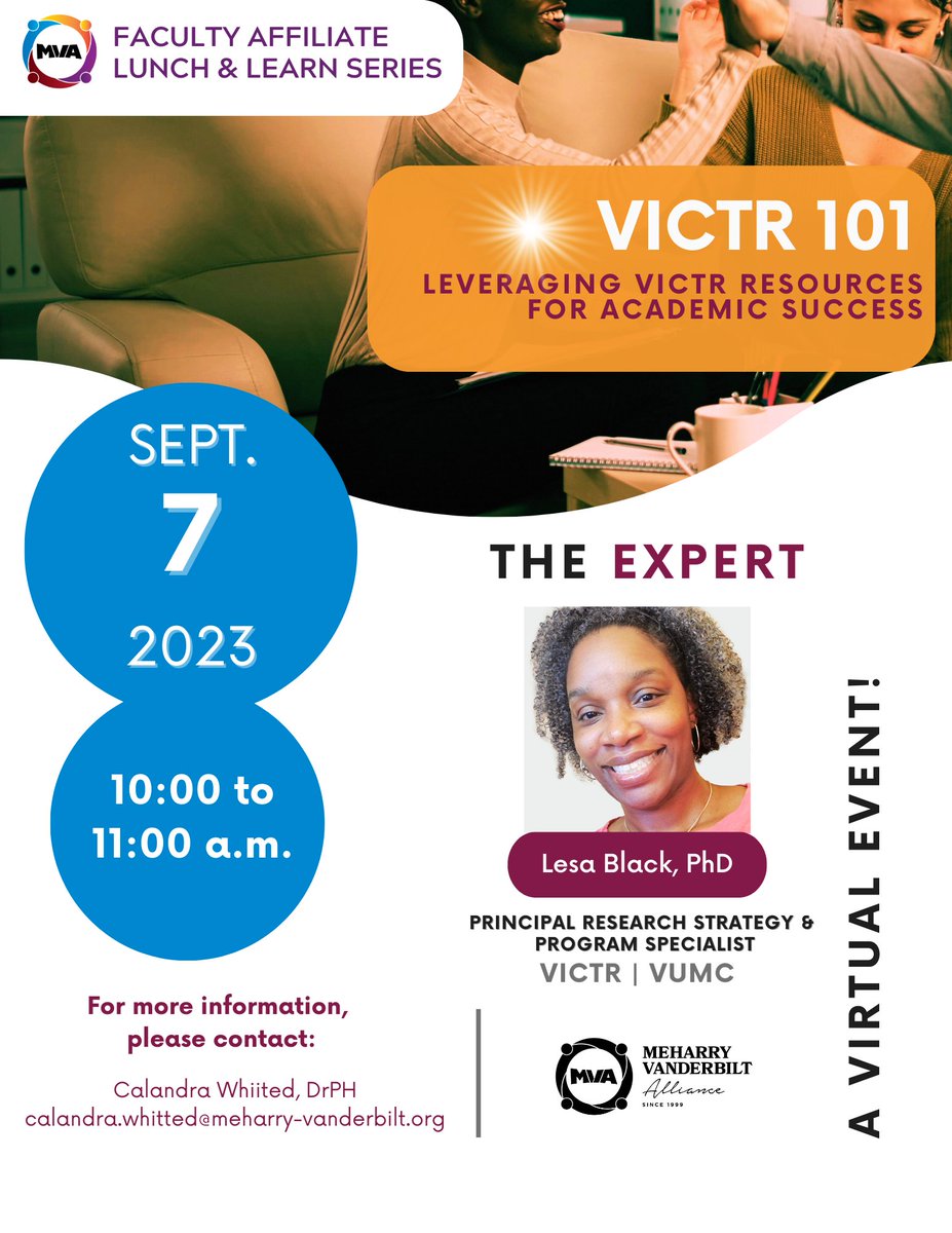 mvalliance's tweet photo. Learn how to leverage the vast resources available to you through #VICTR! Click here to register: https://t.co/NI5Z3mKnwm. Interested in becoming a #FacultyAffiliate? Start here: https://t.co/WlI0tmbIfp. @MeharryMedical @VUmedicine @VUMC_Cancer @VUMC_Insights @TSUTheMeter https://t.co/ypbo4dwMti