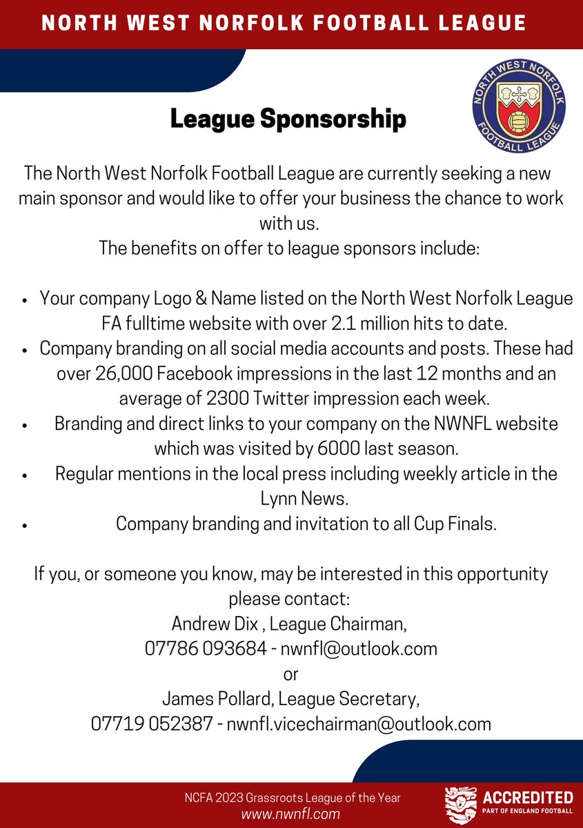After being let down close to the start of the season, The North West Norfolk League are seeking a new main sponsor. Please contact us for more information.