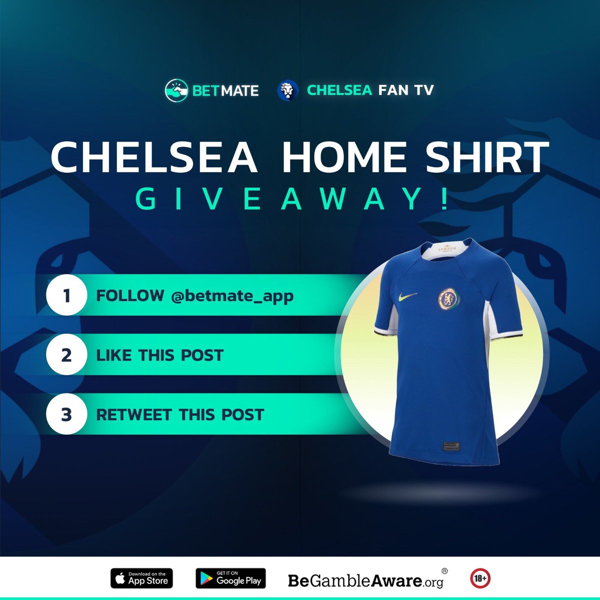 🥳 𝗖𝗢𝗠𝗣𝗘𝗧𝗜𝗧𝗜𝗢𝗡 𝗧𝗜𝗠𝗘! 🚨

WIN an official 23/24 Chelsea home shirt! 🙌

In celebration of the partnering with Betmate, we are giving away a shirt to 1 lucky winner! 🆓

To enter, simply:

💫 Follow <a href="/betmate_app/">Betmate</a>
❤️ Like this post
♻️ RT this post

#Giveaway #CFC