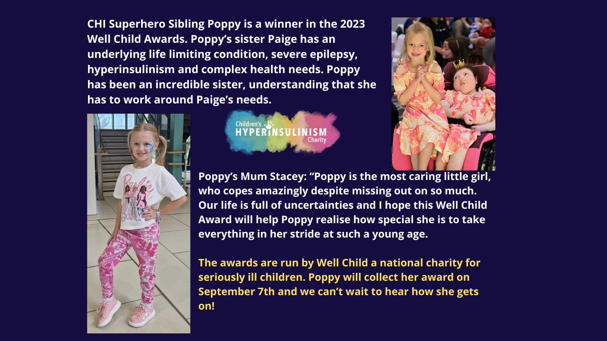 Courage, Hope &amp; Inspiration apply to #CHI Superheroes &amp; their amazing siblings &amp; Poppy is one in a million. Winning the Well Child (Inspirational) Award for supporting her family &amp; her sister Paige. 
Poppy, we are so proud of you &amp; wish you lots of luck at the awards ceremony!💓