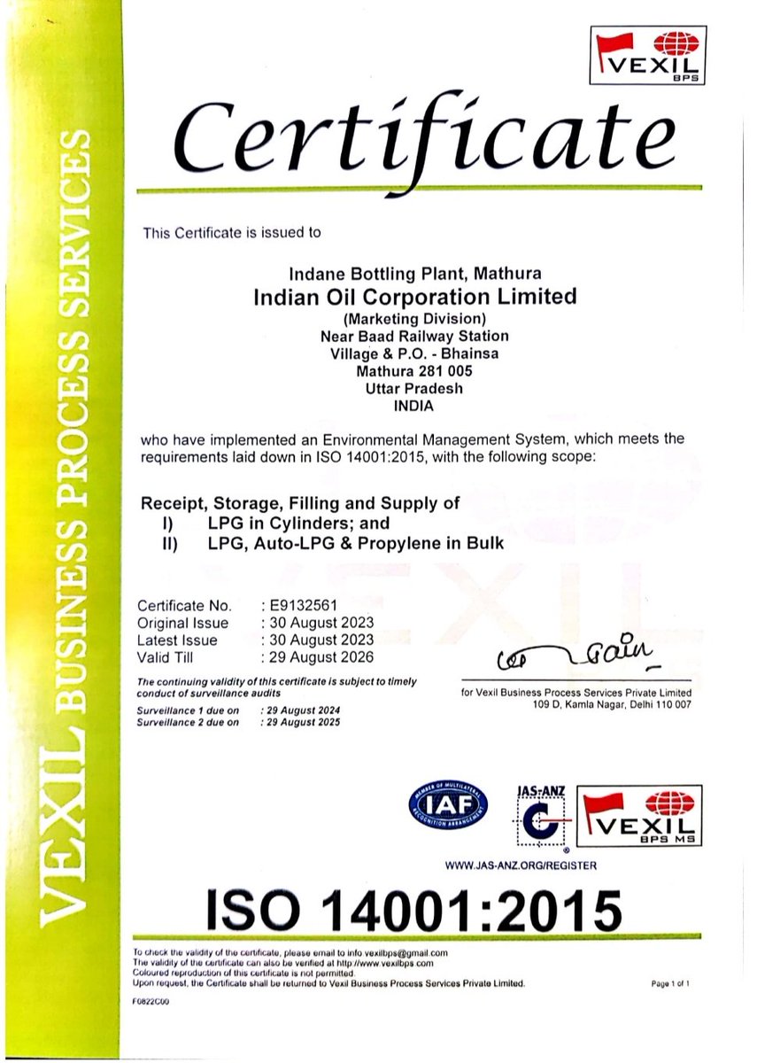 IOCMathuraBP's tweet photo. Today Mathura Bottling Plant received ISO certification 9001, 14001, 45001 and 50001 for implementing Quality, Environmental, OHS and Energy management system. @Bohrashyam2 @ChairmanIOCL @DirMktg_iocl @ioclupso2 https://t.co/u4qCIgKEu7