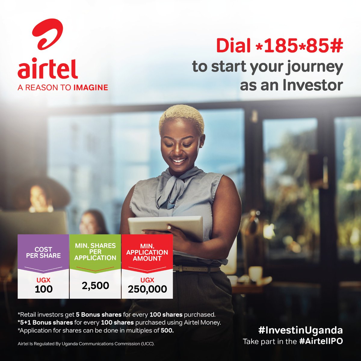 For those into *PASSIVE INCOME*. The direction Airtel Uganda has taken is to Publicize ownership where you & i have an opportunity to be shareholders. After securing your SCD account. It's time to buy shares & this 👇 is how to invest. Dial *185*85# #AirtelIPO #InvestInUganda