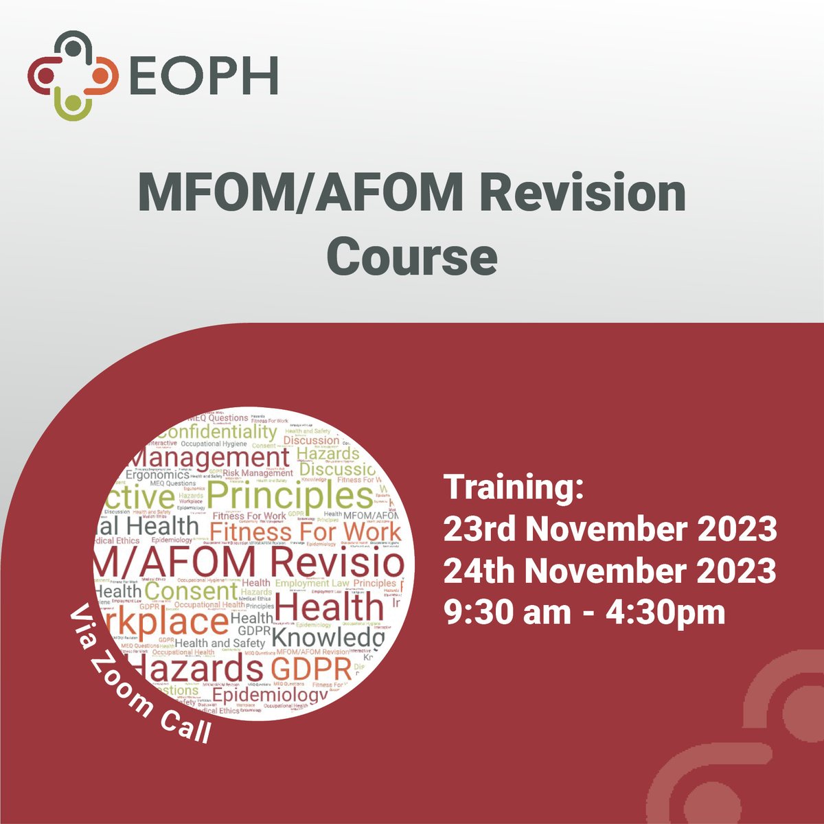 EOPHLtd's tweet photo. This November our MFOM/AFOM Revision Course will start up again.

You will be able to gain access to interactive revision sessions from our faculty experts that will best prepare you for the examination.

Don't miss out and book today: https://t.co/xK9MrqVJMZ
#occupationalhealth https://t.co/l3UuqvzJow