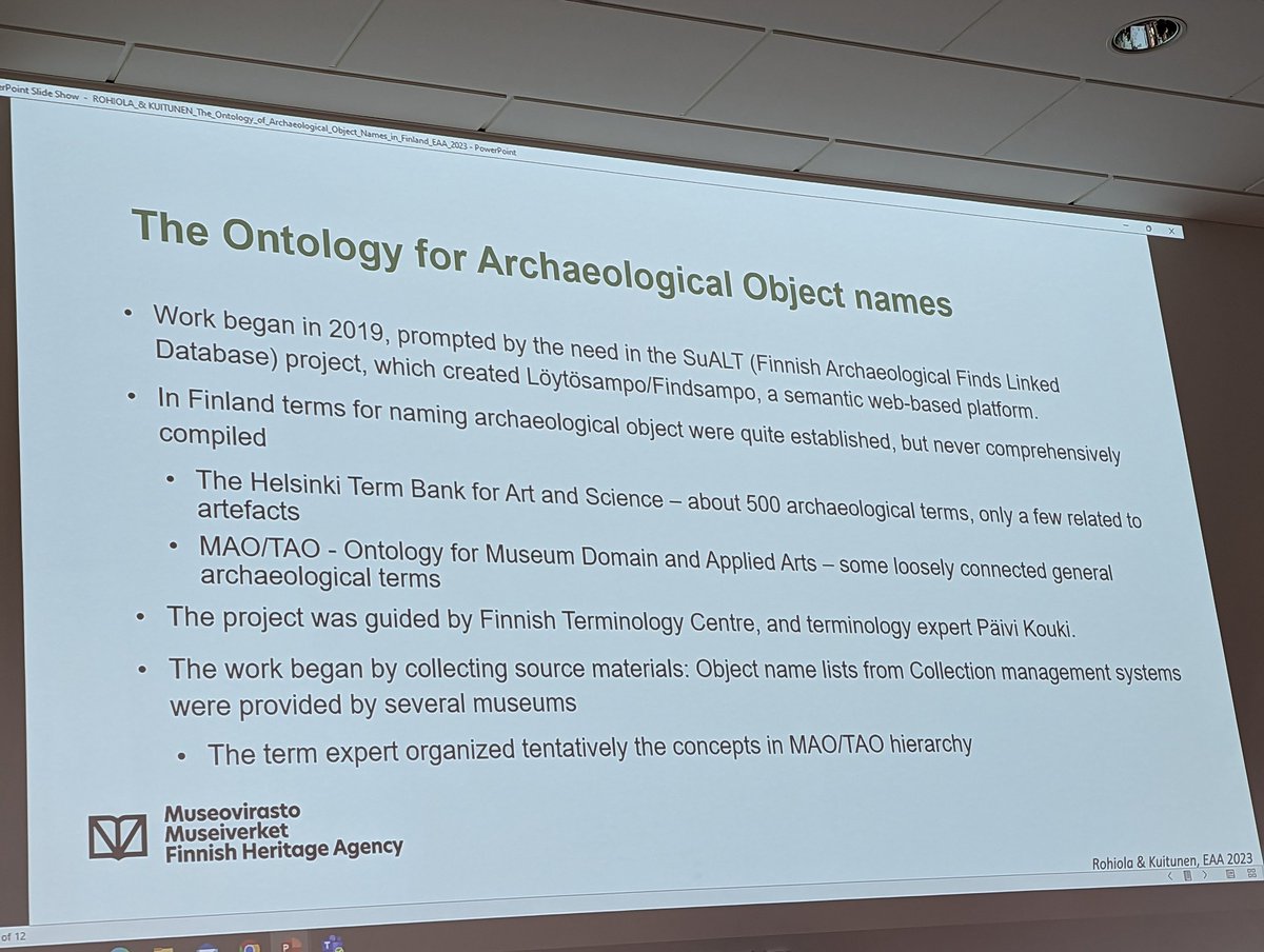 Peter_McKeague's tweet photo. Ville Rohiola and Jutta Kuitnen describing development of Archaeological Object thesaurus for Finland #320 #EAA2023 https://t.co/J9MzZDDDI8