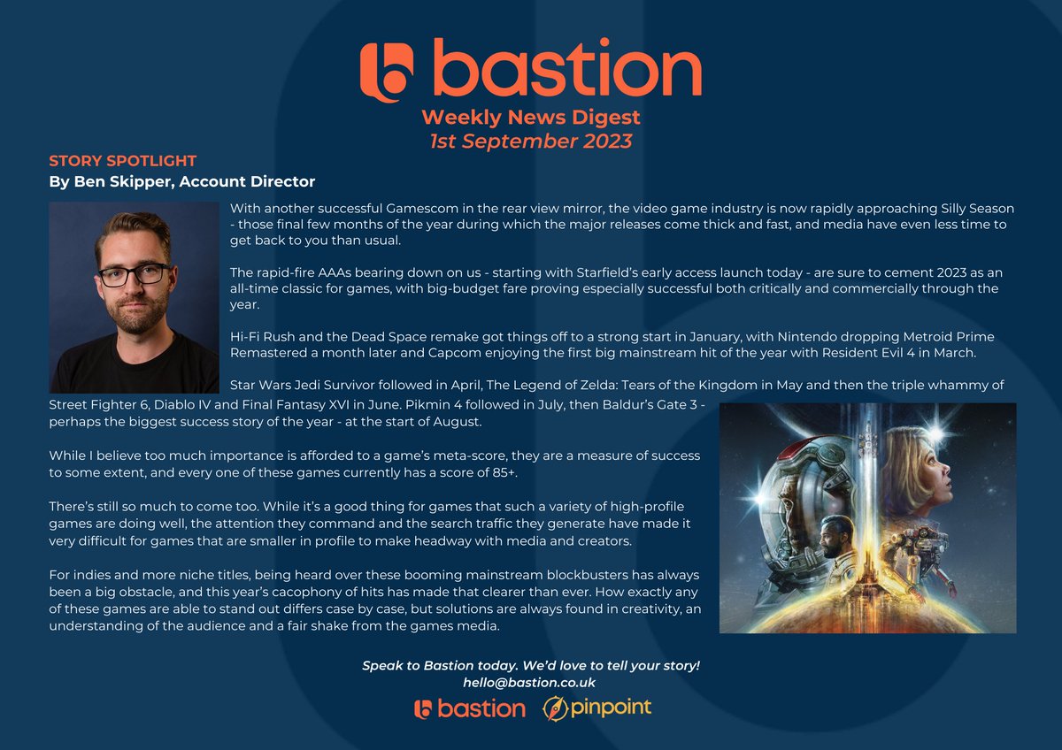 ThisIsBastion's tweet photo. Missed the latest news from across the industry?
Bastion’s weekly news digest has just landed with a round-up of this week’s biggest stories from the video games industry.
#VideoGames #VideoGamesNews #VideoGamesAgency #Comms #PR https://t.co/eBvxtVdrW2