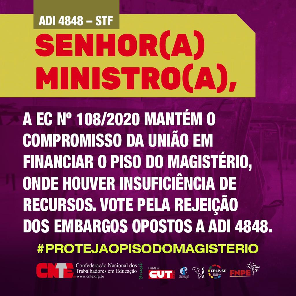 sintern's tweet photo. 📢Senhor (a) Ministro do Supremo Tribunal Federal (#stf) : hoje é dia de mostrar ao #Brasil que o Piso Nacional Profissional do Magistério veio para ficar, e que sem ele a #educacaopublica não vai melhorar. Por isso, #protejaopisodomagisterio https://t.co/aWZzI0v4kl