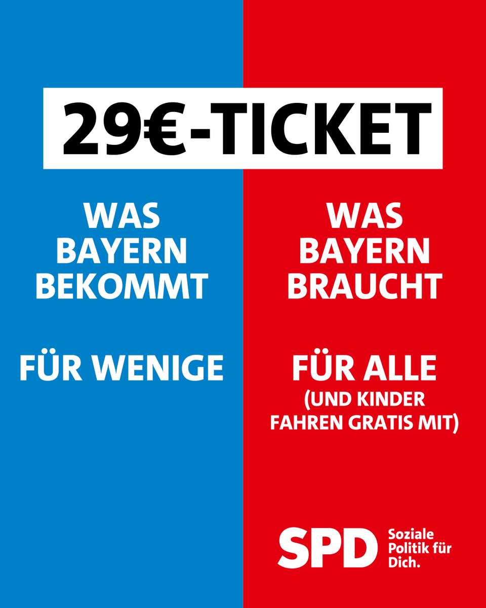 BayernSPD's tweet photo. Es ist höchste Eisenbahn für ein bezahlbares Bayern! 

Das 29-Euro-Ticket darf nicht nur wenigen zur Verfügung stehen. Wir wollen euch alle mobil machen: 29 Euro ob jung oder alt - und die Kids kommen kostenlos mit! 

Bayern braucht bezahlbare Mobilität. Bayern braucht von Brunn. https://t.co/YegxwJrgH6