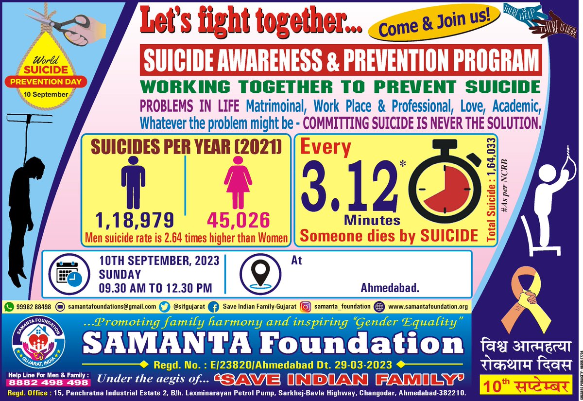 Our upcoming program :
#WorldSuicidePreventionDay🎗️on 10th Sept. 2023 (Sun)
#WorkingTogetherToPreventSuicide
#SuicideAwareness🕯️
#MentalHealthAwareness💚
#depression #anxiety
#EveryLifeMatters
#YouAreNotAlone
#SayNoToSuicide
@MoHFW_INDIA
@GujHFWDept
@sifgujarat #SamantaFoundation