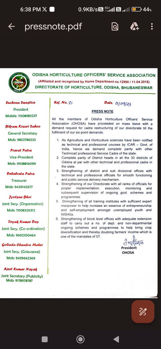 OHOSA2023's tweet photo. All The Members of OHOSA Are On Mass Leave With Six-Point  Demand Request For Cadre Restructuring  of our Directorate  Before Govt.🙏 @krushibibhag @Horticultureod1 @arvindpadhee @PradeepJenaIAS @SecyChief @_anugarg @MoSarkar5T @CMO_Odisha @IPR_Odisha @otvnews @kanak_news https://t.co/qsK81WNSkt