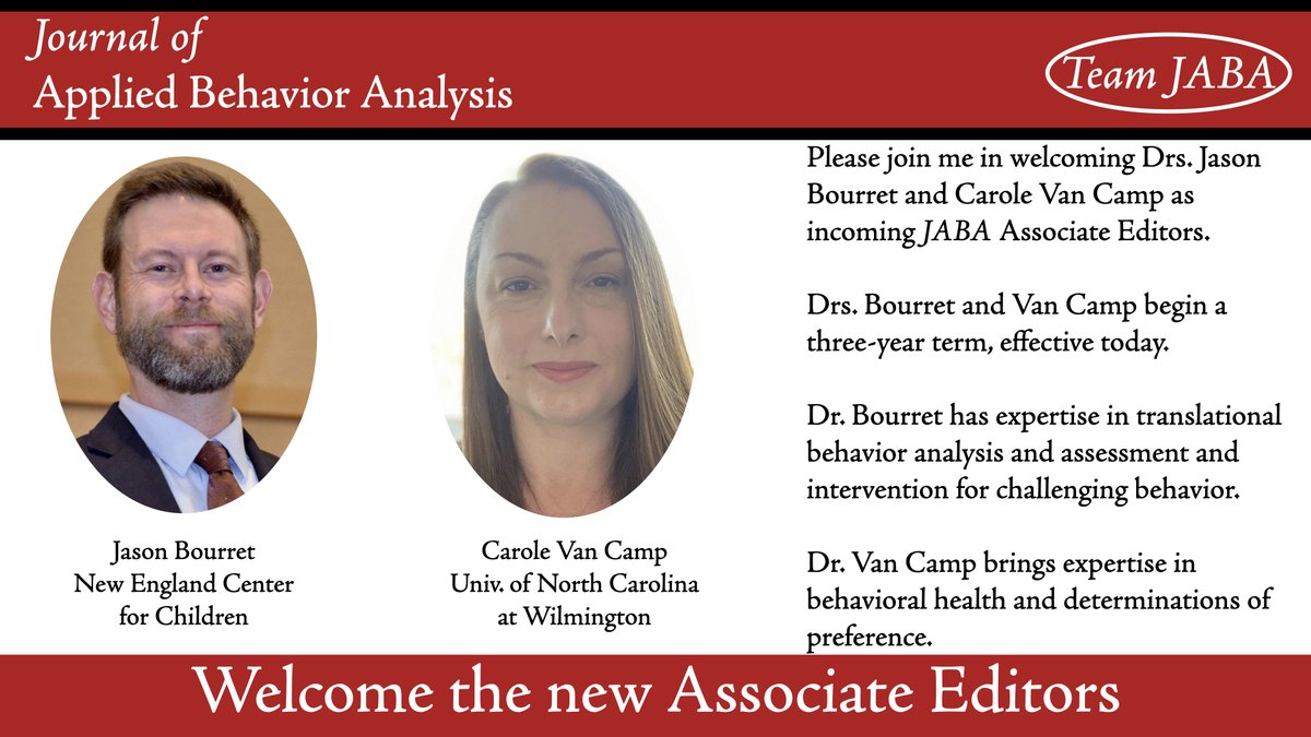 John C. Borrero (@johnborrero2) on Twitter photo Please join me in welcoming the incoming JABA Associate Editors: Jason Bourret and Carole Van Camp.
<a href="/SEABscience/">SEABscience</a> #JABA #ABA Please join me in welcoming the incoming JABA Associate Editors: Jason Bourret and Carole Van Camp.
<a href="/SEABscience/">SEABscience</a> #JABA #ABA