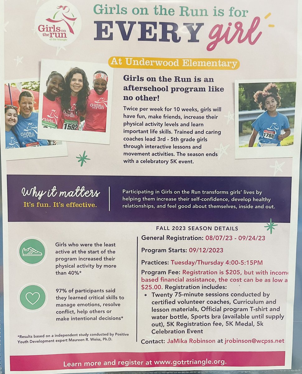 JRobinsonPE's tweet photo. Girls on the Run registration is open! Fall Session at @underwoodgtm starts 9/12
Tuesday/ Thursday 4:00-5:15pm. Parents must make arrangements for pick up. Register here: https://t.co/PRlIbFoQlG https://t.co/h75ghg8MO6