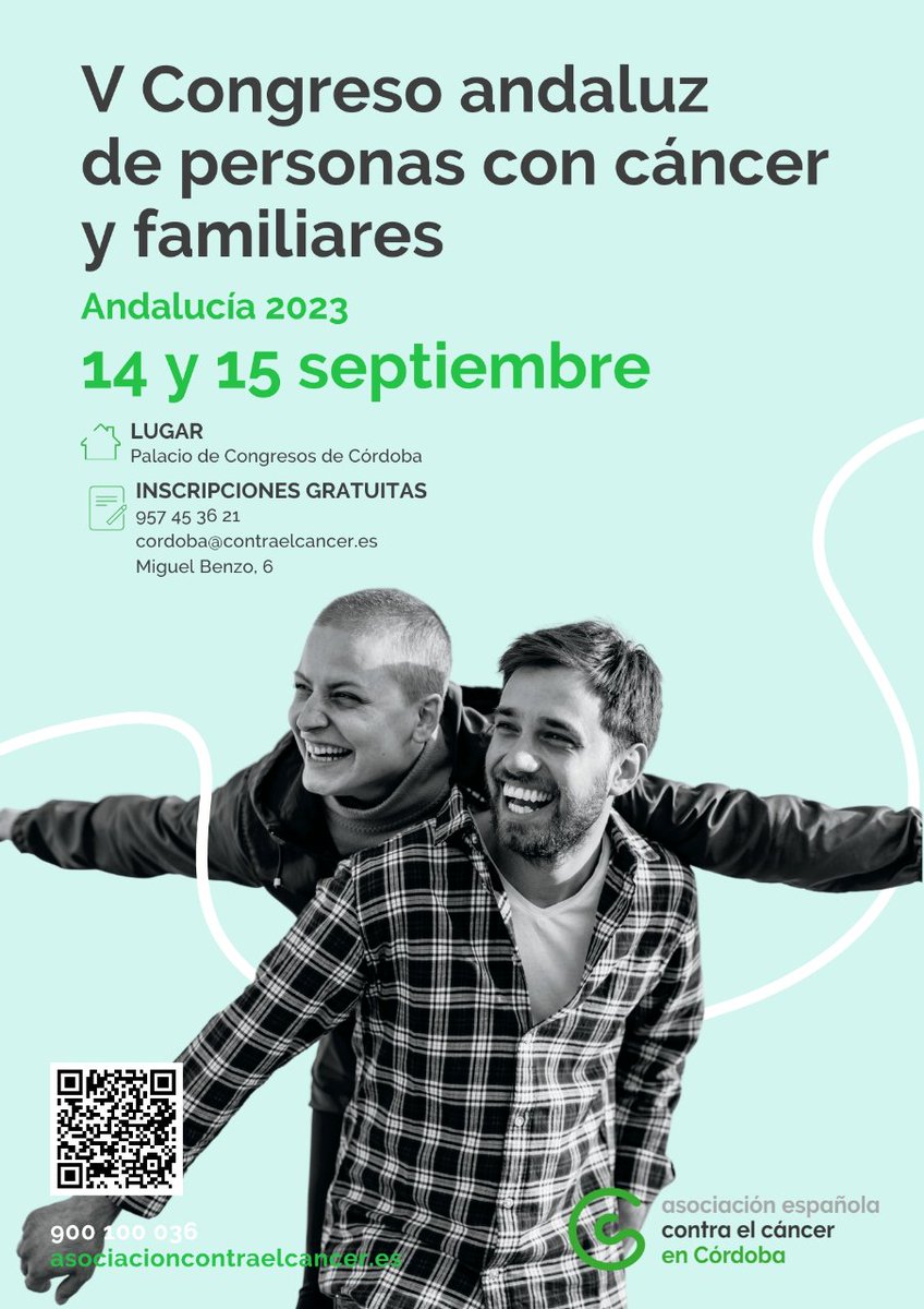 #Noticia 🗞️ El 'V Congreso andaluz de personas con cáncer y familiares' se celebrará en el Palacio de Congresos de Córdoba los próximos días 14 y 15 de septiembre.

#SAS #CentrosconCorazón #Salud <a href="/saludand/">Consejería de Sanidad, Presidencia y Emergencias</a> <a href="/HumanizaAND/">Humaniza Andalucía</a> <a href="/DSAPCostadelSol/">Distrito AP Costa del Sol</a> <a href="/ContraCancerEs/">Asociación Española Contra el Cáncer</a> <a href="/AndaluciaJunta/">Junta de Andalucía</a>