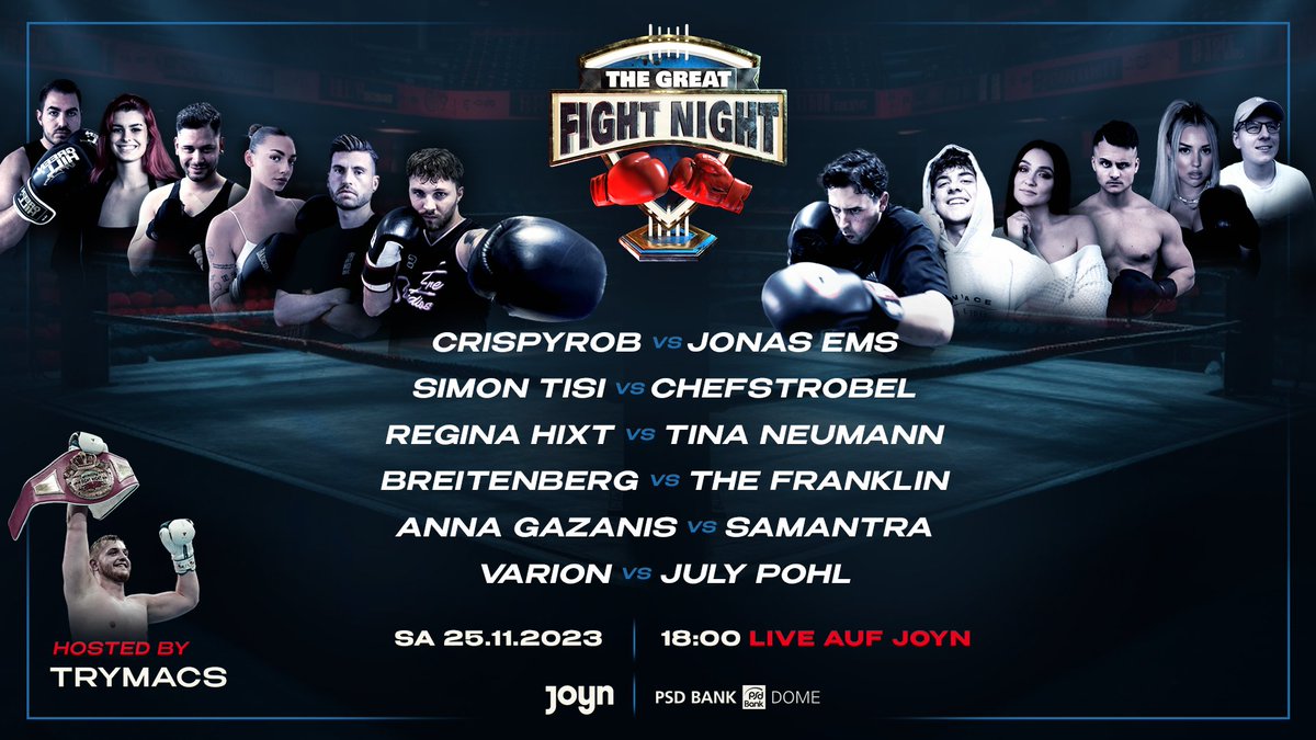 JoynDeutschland's tweet photo. DAS Announcement auf das ihr alle gewartet habt! 😱 Das Box-Spektakel geht in die zweite Runde 💥🥊 Seid am 25. November 2023 live oder kostenlos im Livestream auf #Joyn bei #TheGreatFightNight dabei. TICKETS OUT NOW! #Boxing #Livestream #BoxEvent https://t.co/KHxY6tP6kO